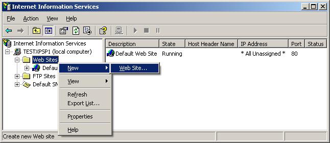 New Web Site Menu in Windows XP
